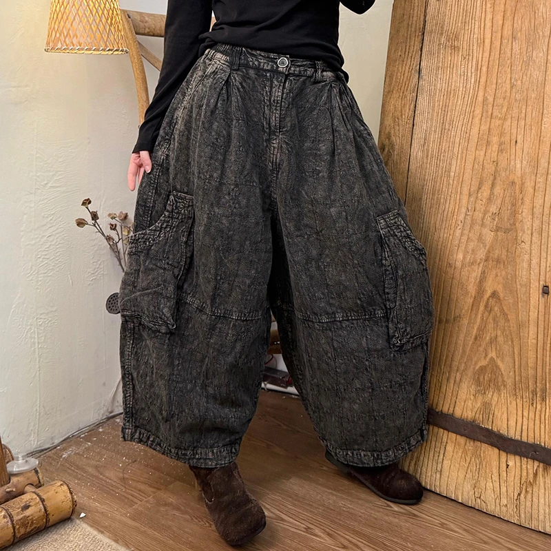 New 25 Autumn/winter Women All-matched Pocket Patchwork Ankle-length Pants Casual Loose Cotton Elastic Waist Wide Leg Pants H84