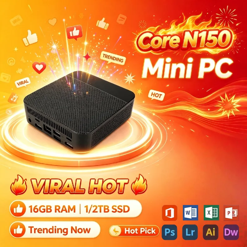 Intel N150 Ultra Slim Mini PC 16GB DDR4 512GB NVMe SSD Triple 4K Output WiFi6 Silent Cooling Office Home Desktop Pro Ultra Max