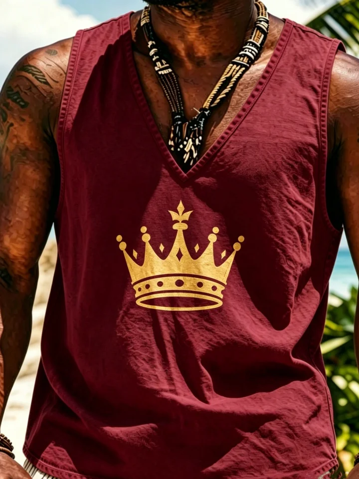 Plus Size Men Washed V Neck Tank Top Golden Crown Print Sleeveless Vest Summer Luxury Casual Beach Workout Muscle Top