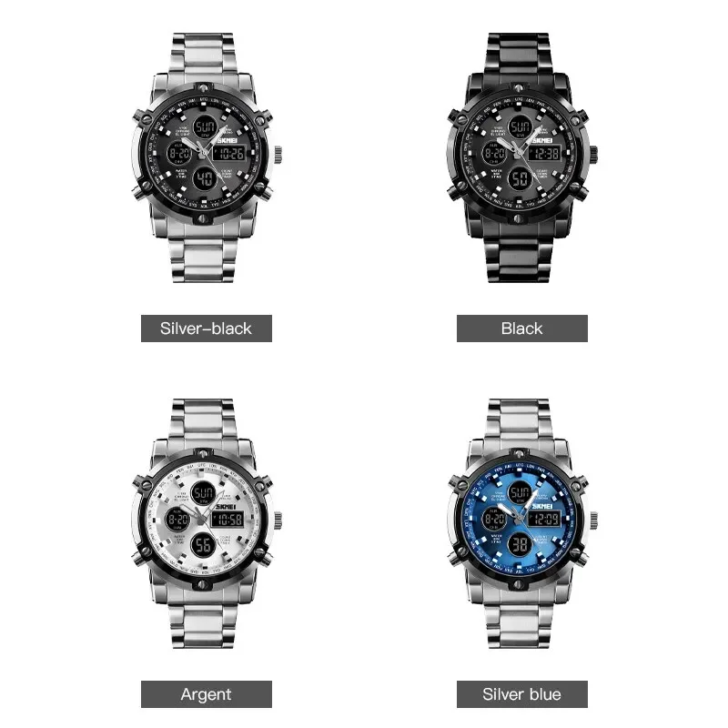 Skmei 1389 3 Time Back Light Display Digital Watches Mens Full Steel Strap Quartz Wristwatch Countdown Clock Relogio Masculino view 5