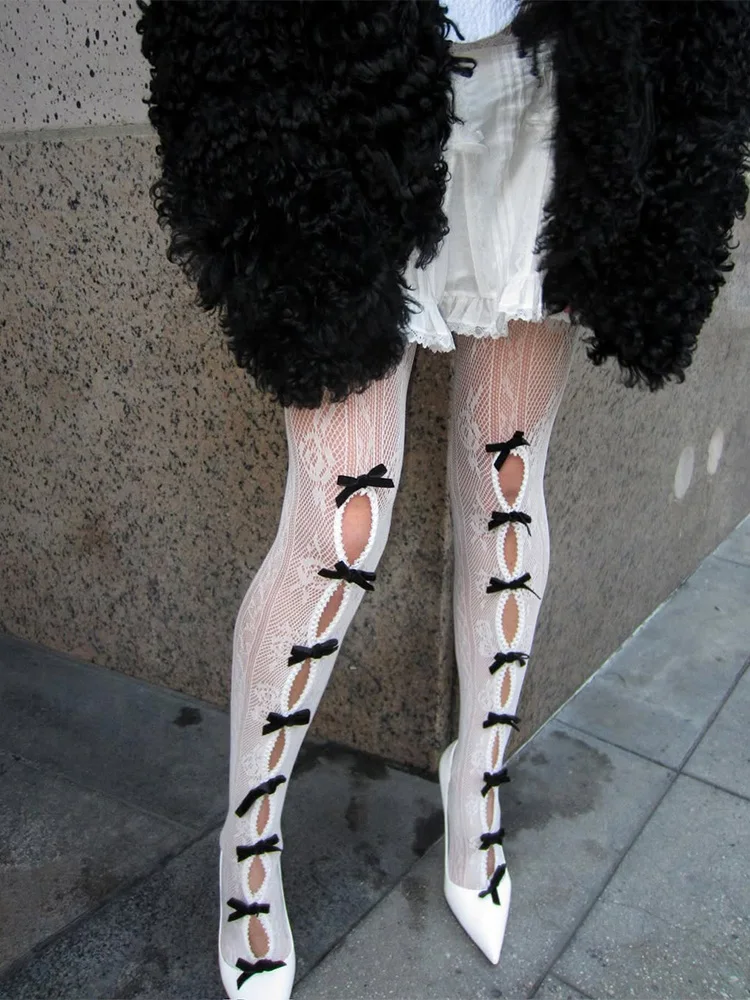 

Sexy Lace Patchwork Bow Stockings Women Summer Bodycon Elastic Hollow Out Pantyhose Club Party Fashion Y2k Tights Hot Girls