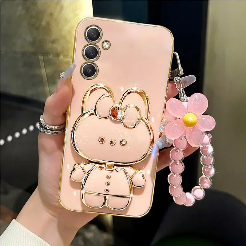 

Mirror rabbit flower strap case for Samsung Galaxy A34 A54 5G a21s a20s A10 A10s A11 A12 A13 A14 A750 A23 a01 a02 stand cover