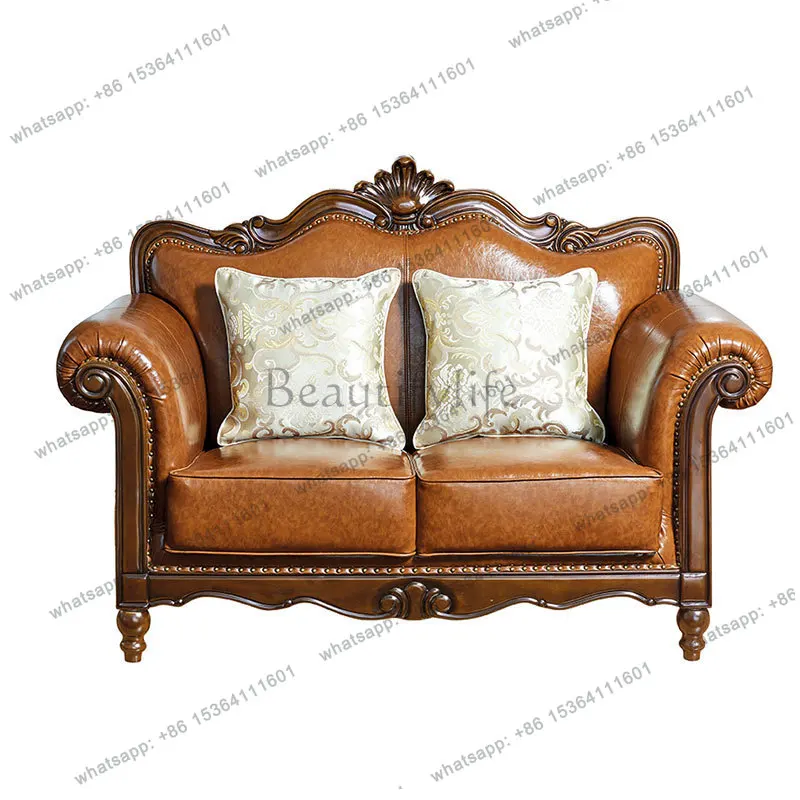 

American solid wood sofa first layer reddish brown oak cowhide solid wood frame