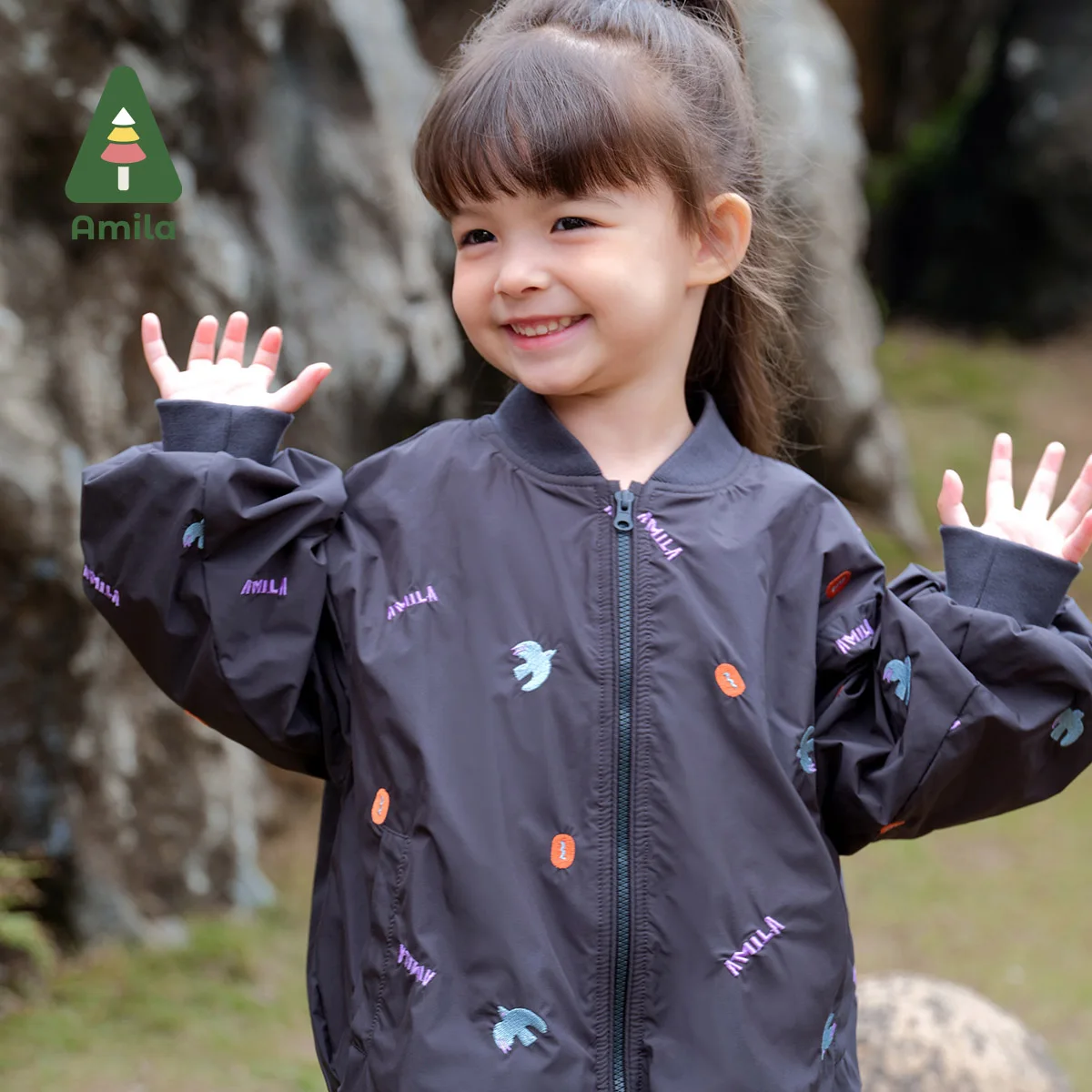 Amila Baby Baseball Jacket 2024 Autumn New Girls High Quality Original Embroidery Warm Polar Fleece Lining Children's Jacket