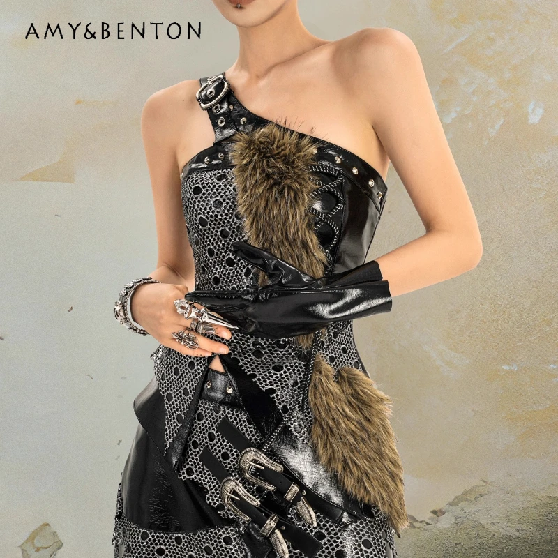 

Оригинальный женский топ без рукавов с открытыми плечами в стиле рок-панк, осенний утягивающий милый крутой металлический жилет без рукавов для женщин