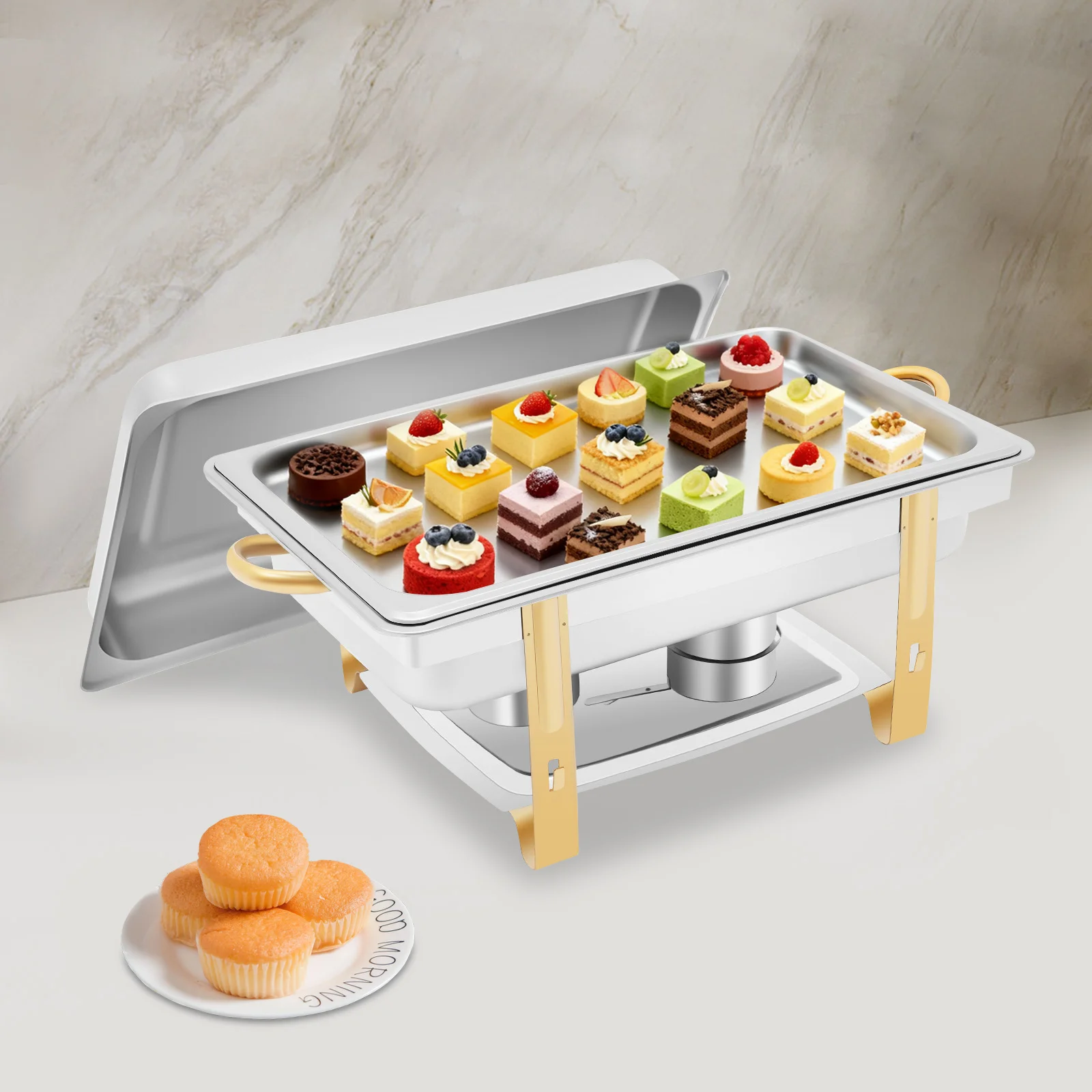 

Подогреватель для еды из нержавеющей стали с крышкой, позолоченный, квадратный, с одним отделением, для кейтеринга, ресторанов, вечеринок