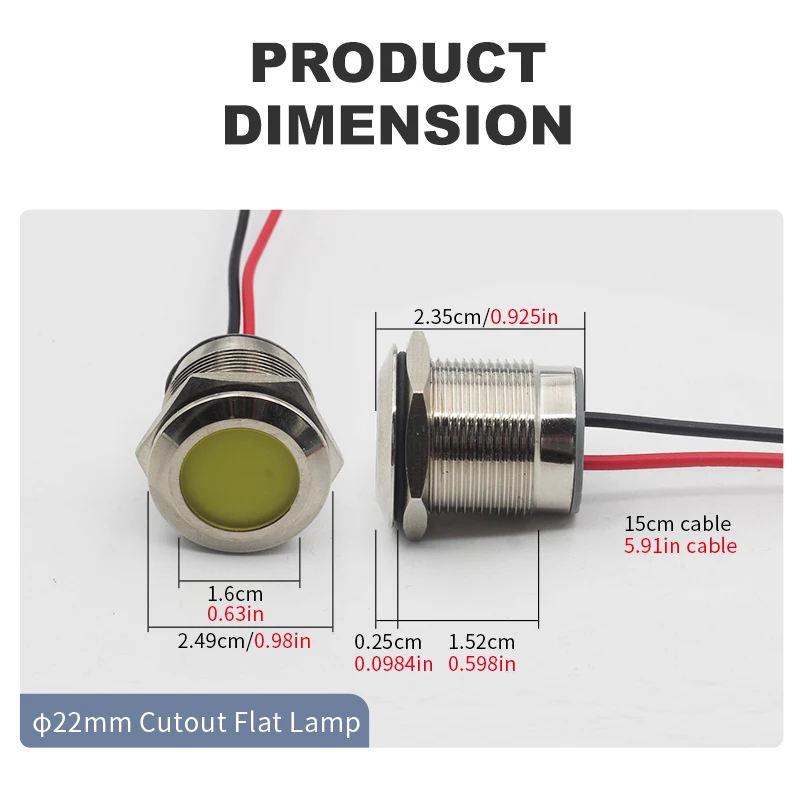 2pcs 22mm Waterproof IP67 LED Indicator Light DC/AC 3-48V Metal Pilot Warning Lamp Red Yellow Green Blue for Marine Dashboard image 4