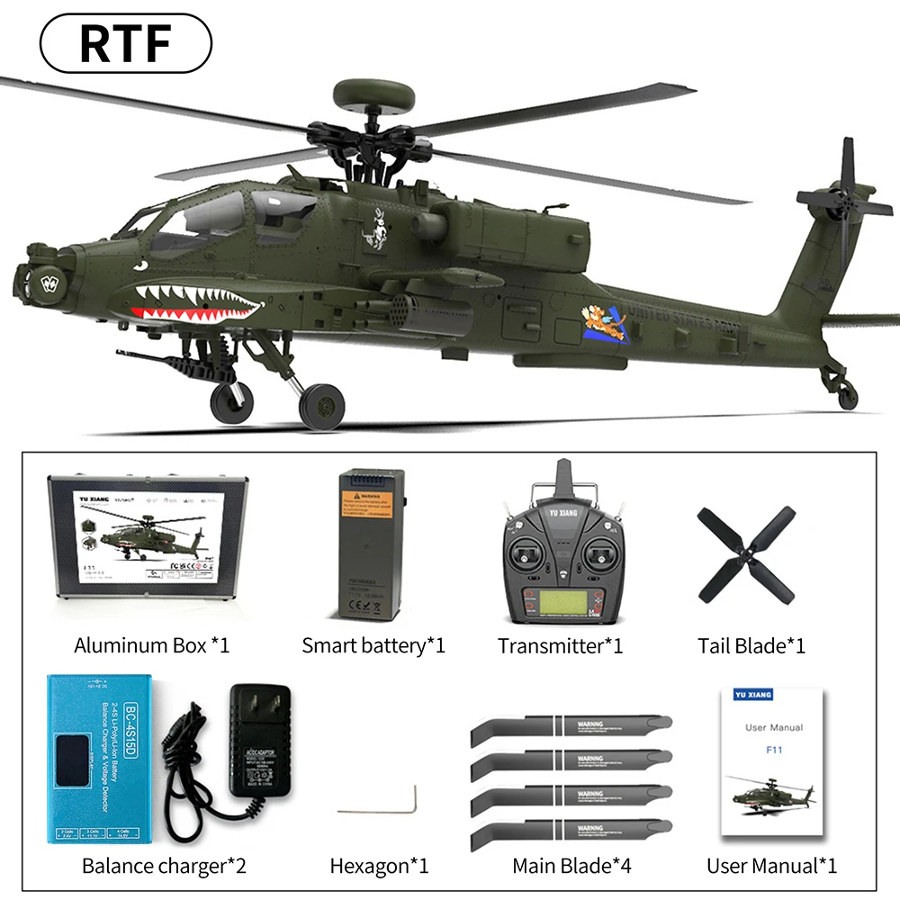YXZNRC F11 AH-64D Apache RC Helicopter with 6-Axis Gyro 2.4G 6CH Brushless Motor 1:32 Scale Flybarless 3D RC Helicopter Model