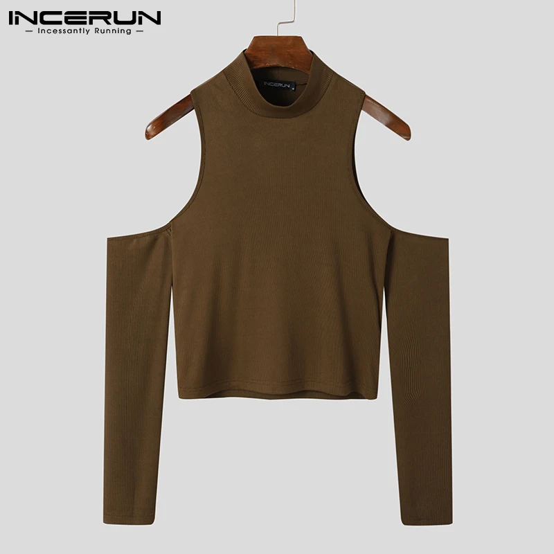 Party Nightclub Style New Men Sexy Leisure Camiseta Solid All-match Fashionable Strapless Hollow Out Long-sleeved T-shirts S-5XL