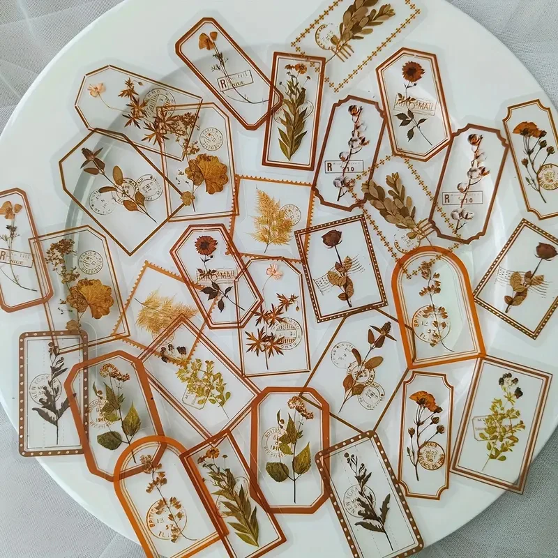 

30 шт. винтажные декоративные наклейки в виде цветов, растений, листьев