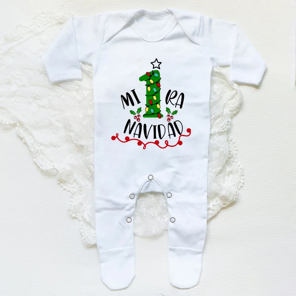 My First Christmas Spanish Print Baby Babygrow Bodysuit Infant Christmas Sleepsuit Newborn Long Sleeve Romper Baby Xmas Clothes