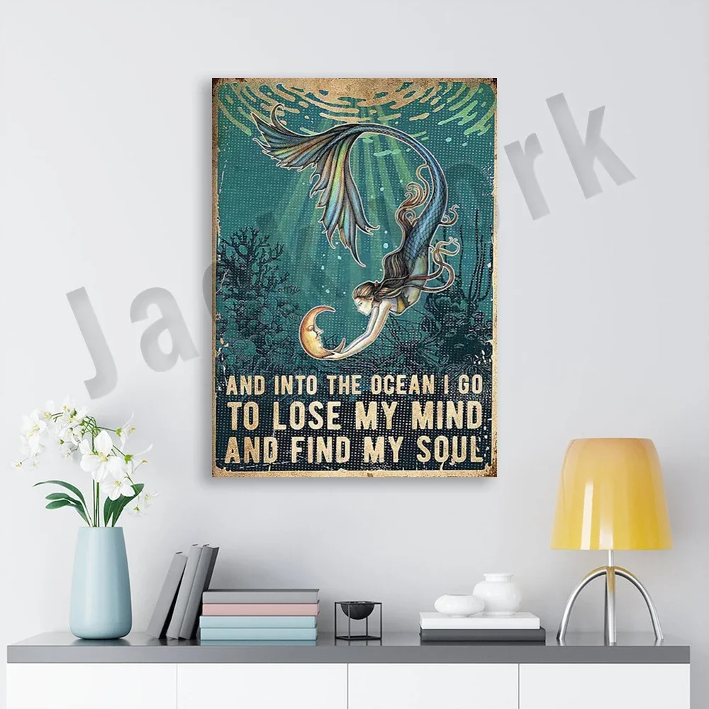 And Into the Beach I Go to lost my mind and find my soul poster, retro mermaid poster, undersea print, hippie, mermaid lover