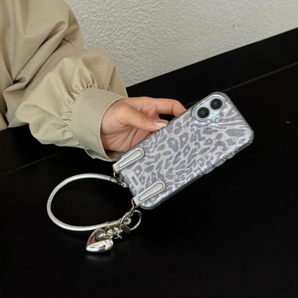 Custodia per telefono antiurto con cordino d'amore con stampa leopardata grigio argento placcato di lusso alla moda per iPhone 16 15 14 Pro Max