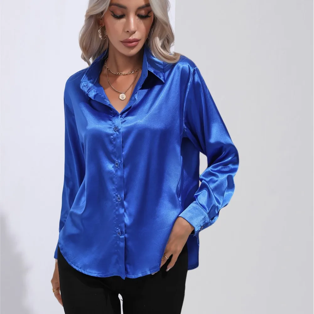 Women\'s Autumn Blouse 2024 Satin Long Sleeved Shirt With New Collar And Long Sleeved Cardigan Shirts Elegant OL Clothing Blusas