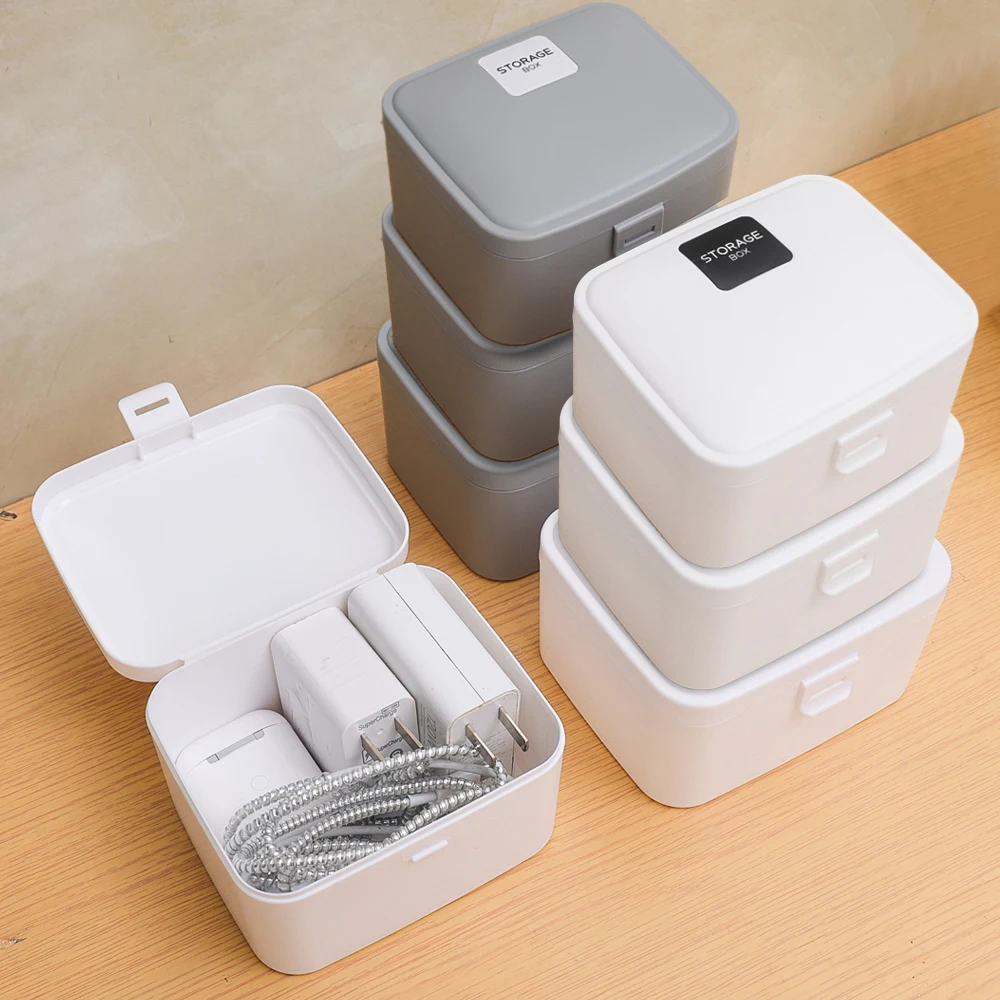 Simple Plastic White Storage Box Charger Cable Organizer Desktop Drawer Small Object Storages Box with Lid Home Sundries Storage