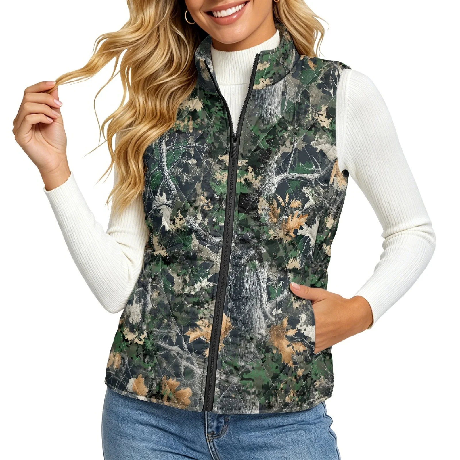 PENSTROLL Woodland Camo Pattern Sleeveless Quilted Jacket Easy to Pack Elderly Women Sleeveless Jacket Lightweight Vest Jackets