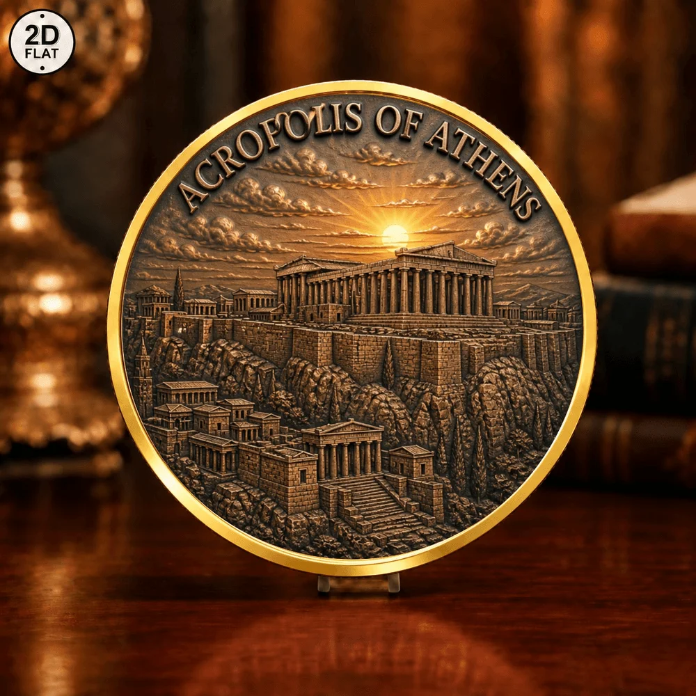 1pc Acropolis of Athens & Pyramids of Giza Metal Challenge Coin UV Print Ancient Greece Egypt Landmarks Souvenir for Collection