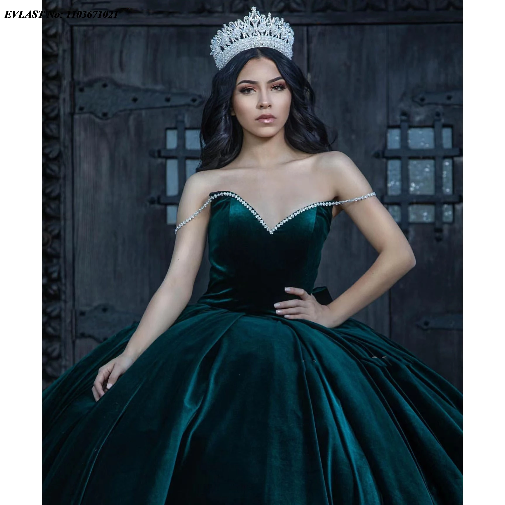 EVLAST-vestido De baile De quinceañera verde De terciopelo mexicano, apliques con cuentas De cristales, corsé con lazo, dulce 16 Vestidos De XV Anos SQ338