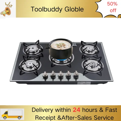 5 Burner Gas Stove LPG/NG Glass Gas Hob Cooktop Hob  for Home Commercial Kitchen Integrated Gas Hob