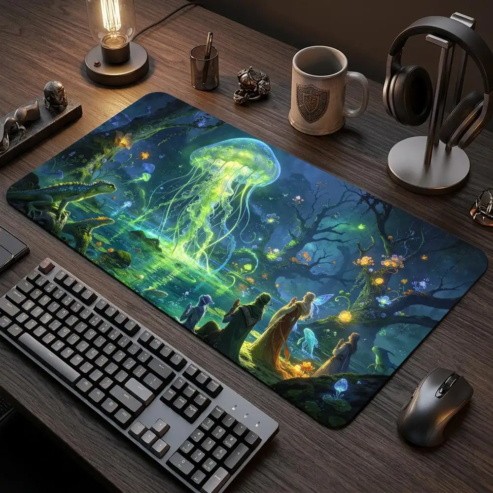 60X35CM Luminous Giant Jellyfish Fantasy Forest TCG Play mat Non-Slip Rubber Base Stitched Edge Table Mat for Card Game Desk pad