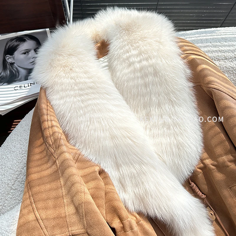 2024New Winter Women Long 80CM White Duck Down Jackets 100% Natural Oversized Fox Collar Suede Fashion Casual Windproof Coats