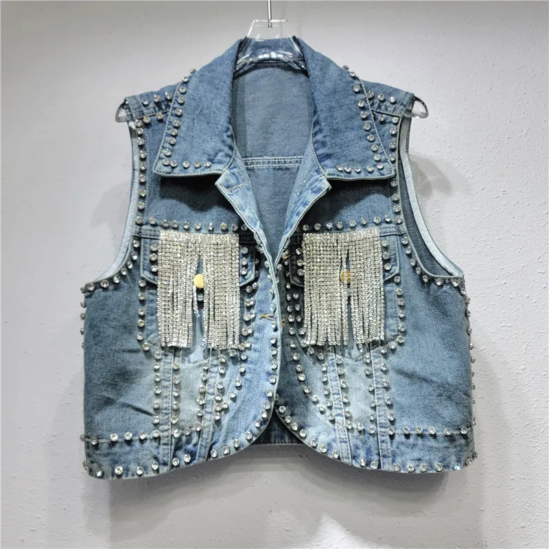 

Fashion Diamonds Chain Tassel Blue Short Denim Vest Summer Women Irregular Hem Lapel Sleeveless Cowboy Jacket Casual Veste Femme