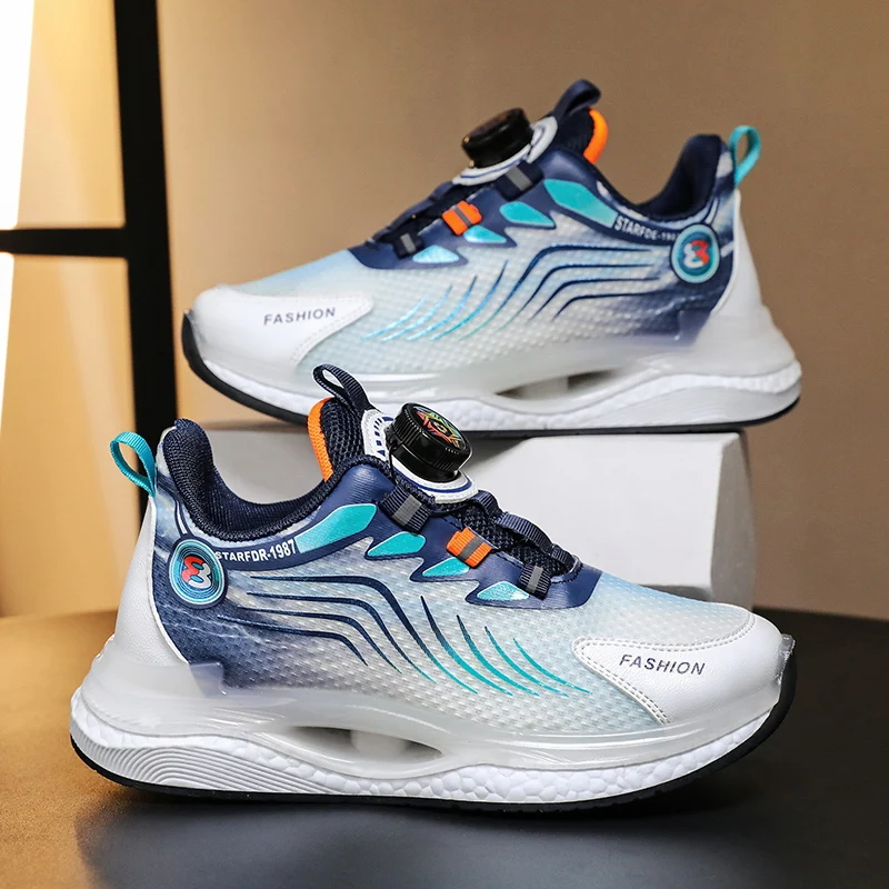 

Детская спортивная обувь, дышащая легкая обувь для бега, повседневная прогулочная обувь с вращающимися пуговицами для мальчиков и девочек, уличная сетчатая теннисная обувь