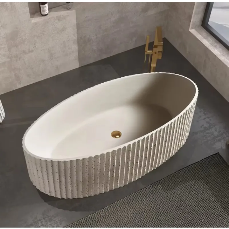 Luxurious Striped Artificial Stone Retro Oval Bathtub Freestanding For Hotel Indoor Use