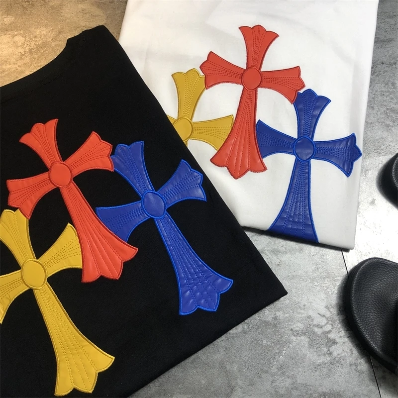 

Street Sle Loose Fit PU Leather ort Sve T-irt Casual Comfortable Cross Pattern Trendy Cotton Tee for op