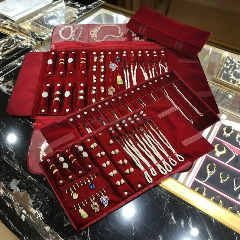 

Dark red Velvet Jewelry Necklace Storage Roll Bag Portable Foldable Jewelry Accessories for Exhibitions Ring Pendant Storage