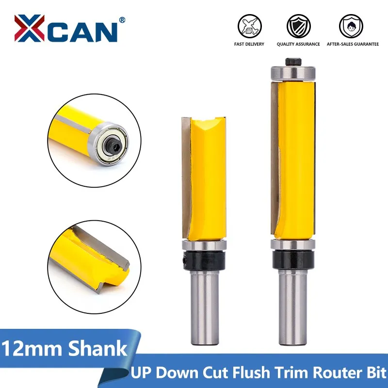 XCAN Router Bit 12mm Shank 2 Flute UP Down Cut Flush Trim Router Bit with Bearing Carbide Milling Cutter for Woodworking