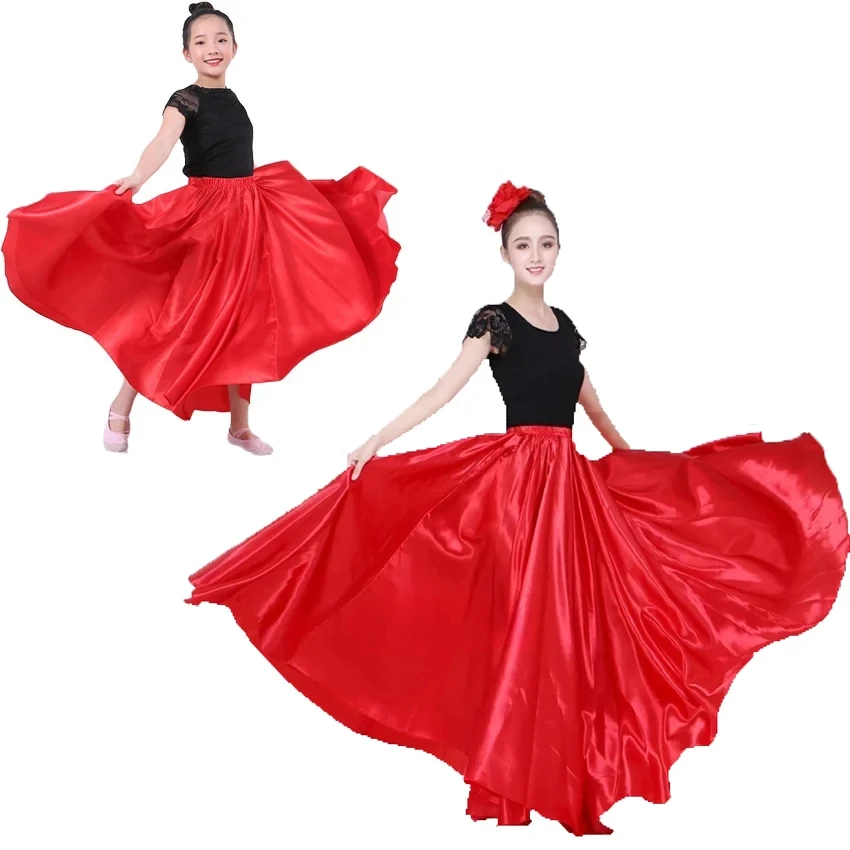 Belly Dancing Skirt Solid Gypsy Women Girl Spanish Flamenco Skirt Satin Big Swing Dress Adult Kids Stage Performance 360Degree