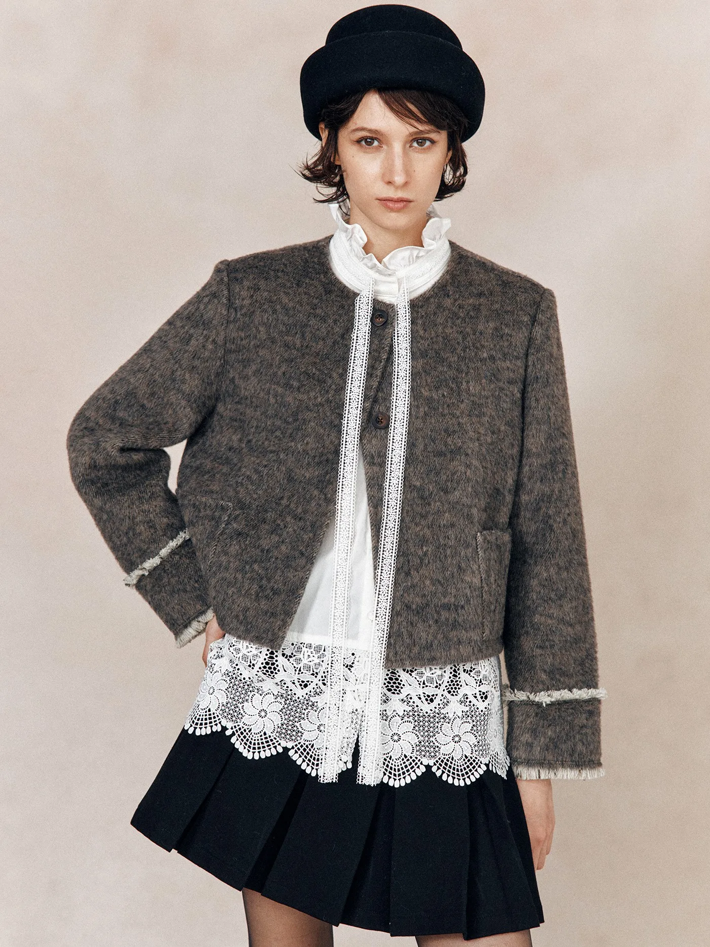 

Double-Faced Woolen Rabbit Fur Silk ort Coat Women's Commuter Sle Bow Design Inner Lamb Velvet Lined Outerwear