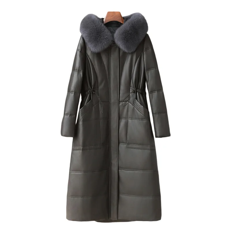 

2025 Genuine Leather Sheepskin Long Leather Down Jacket for Spring Women's Fox Fur Collar Goose Down Coat