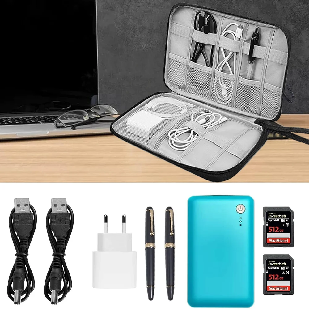Waterproof and Anti Loss Black Data Cable Storage Bag Partition Design Business Travel Digital Accessories Portable Storage Bag