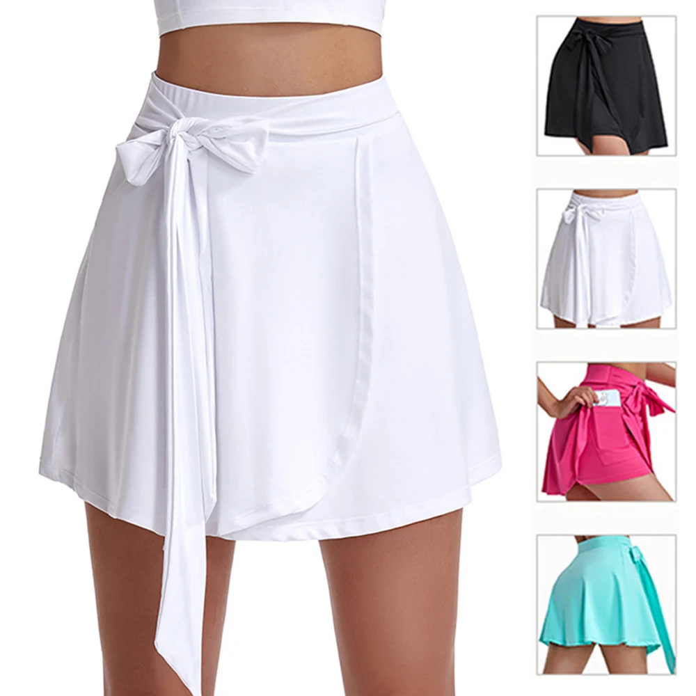 Double Layer Tennis Skirt Women\'s Golf Wear Pcket Tights Inside Pretty Bow Skort Dry Fit Running Shorts Girl Yoga Gym Sportswear