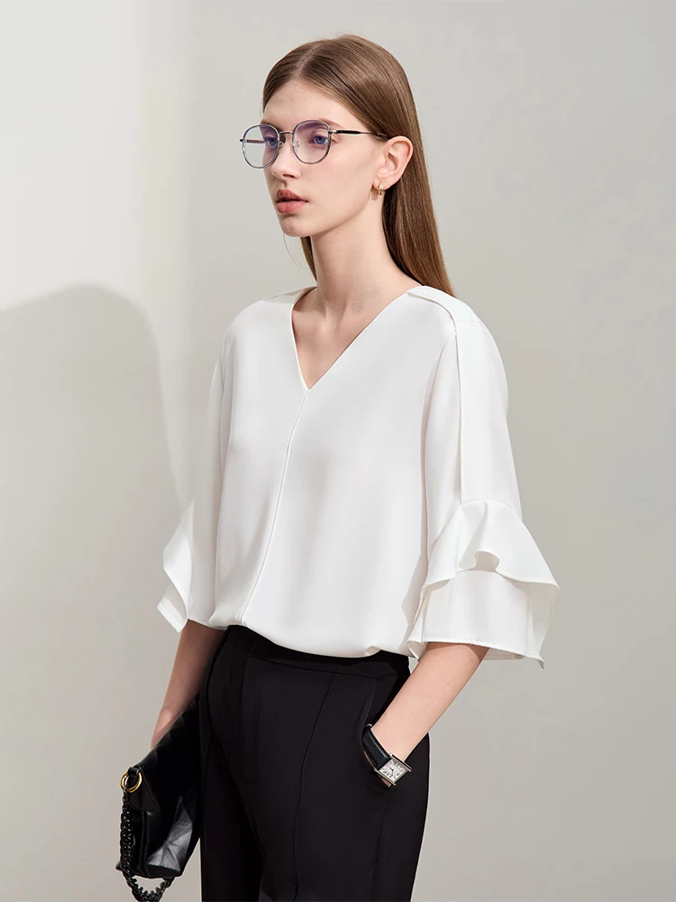 Amii Minimalism 2024 Women Blouse Summer New Solid V-neck Loose Pullover Ruffles Sleeve Basics Chiffon Shirts Female 12442221