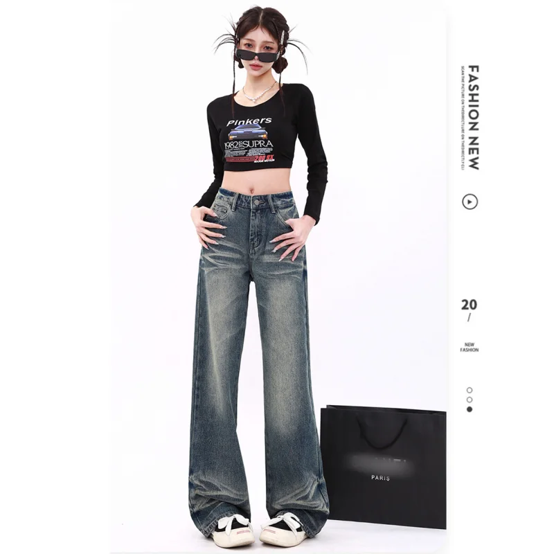 

Blue High Waist Women's Jeans Vintage American Fashion Street Wide Leg Jean Female 2024 NEW Denim Trouser Baggy Denim Pants