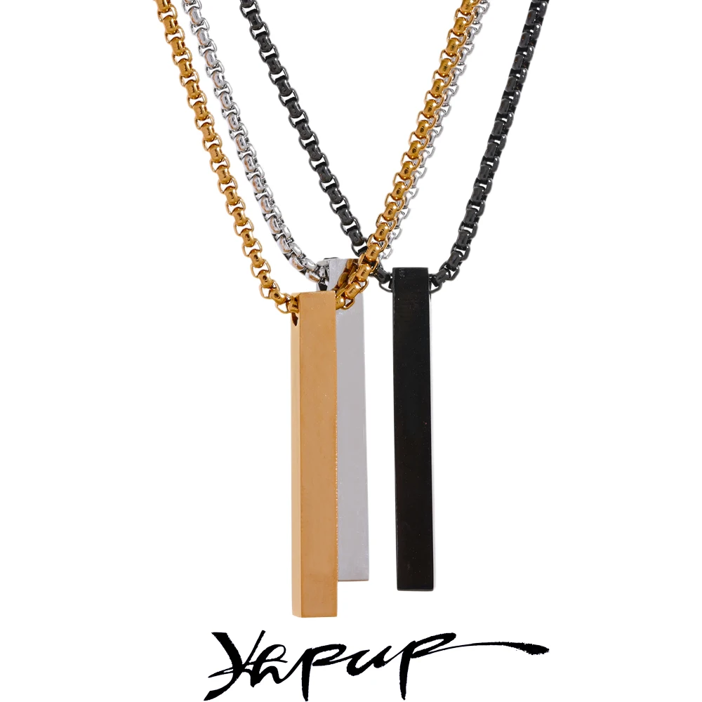 Yhpup Gold Silver Black Color Stainless Steel Long Square Men Pendant Necklace Waterproof Daily Minimalist Punk Classic Jewelry