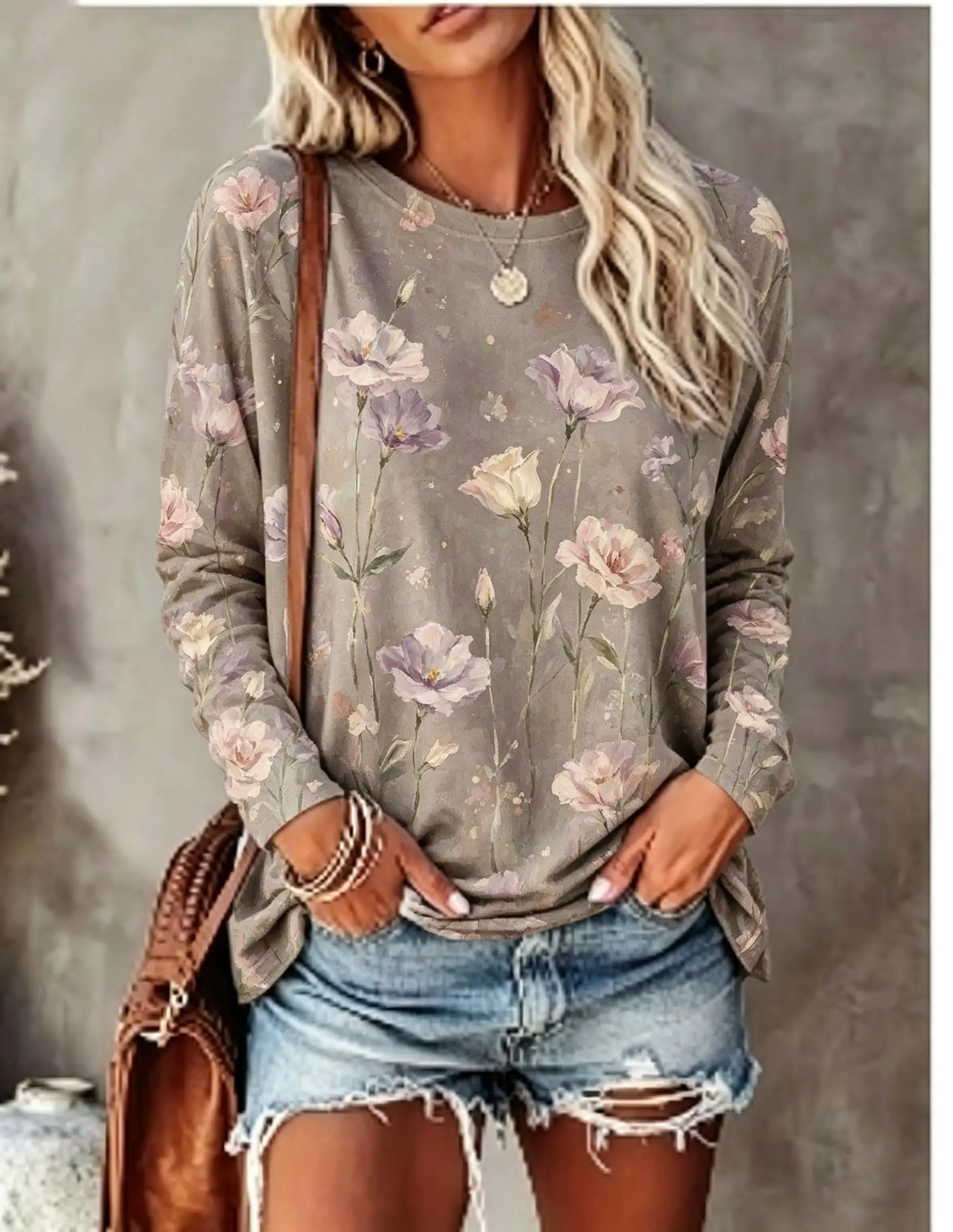 Women Long Sleeve T‑Shirt Oil Painting Iris Floral Vintage Art Print Crew Neck Casual Fall Tops view 4
