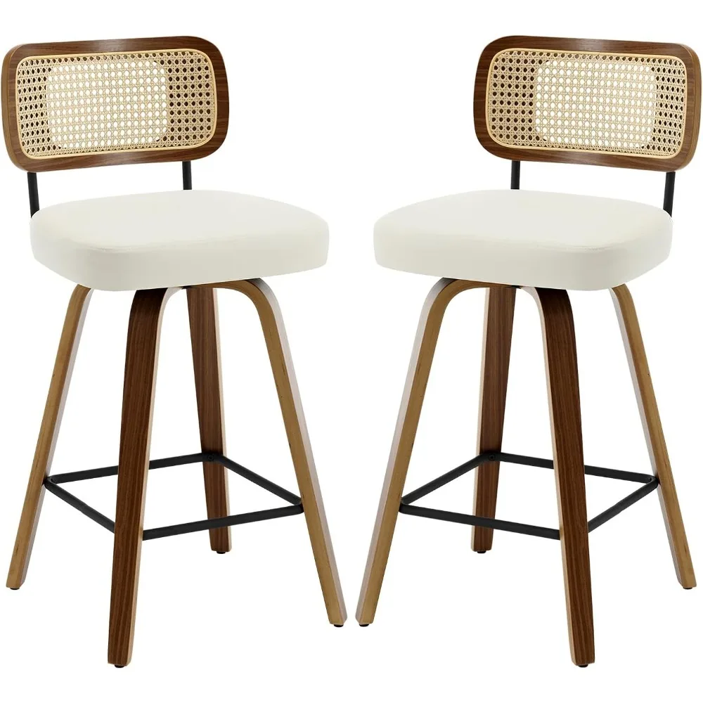 

Swivel Counter Height Bar Stools, Upholstered Faux Leather Barstools with Rattan Back, Seat Height Bar Chairs