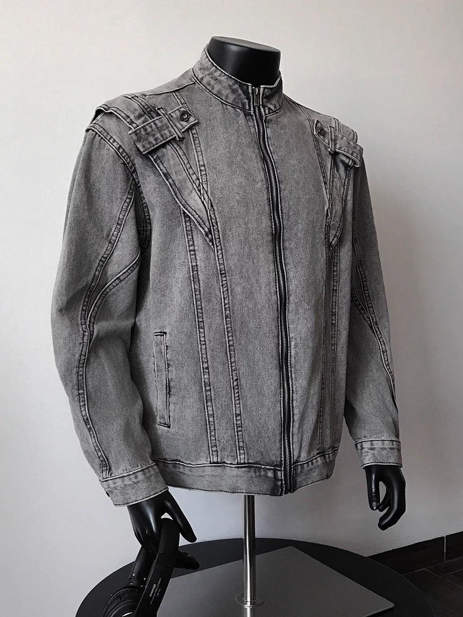ReddaChic jaren 2000 Distressed Heren Denim Bomberjack Vintage Vuile Gewassen Lange Mouw Zip-up Jean Jas Biker Moto Streetwear