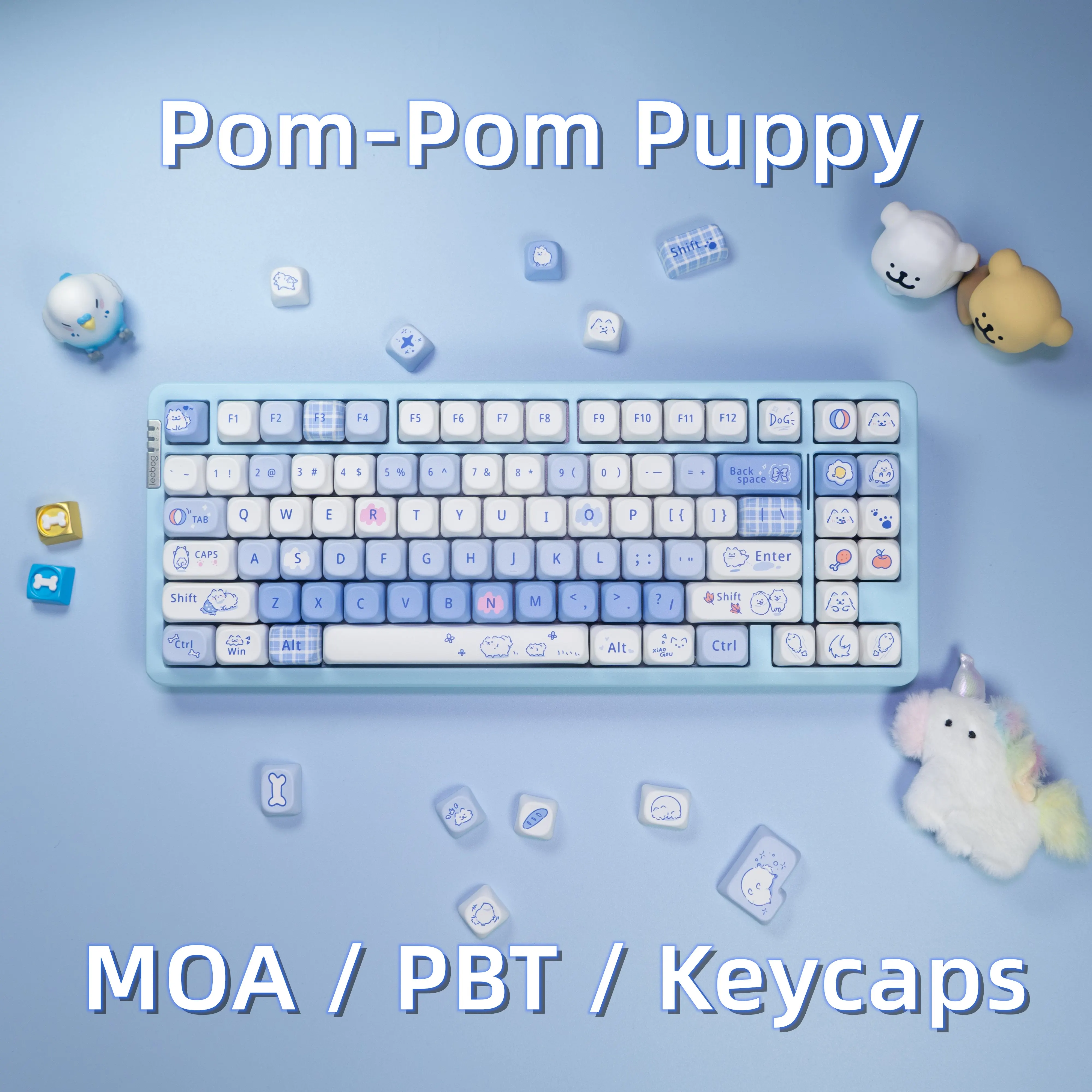 

Симпатичные синие колпачки для механической клавиатуры с помпонами на тему щенка, 130 клавиш, PBT Artisan Dye-Sub MOA Profile для переключателя MX