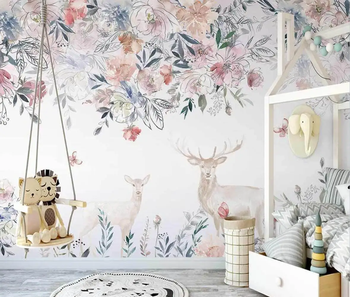 

Custom wallpaper hand painted flowers elk indoor children's room fantasy background wall murals home decoration 3d wallpaper