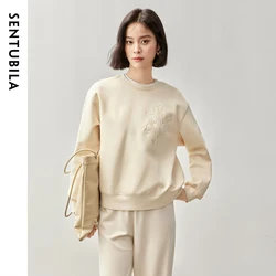 SENTUBILA Women Embroidery Sweatshirt 2026 Spring Autumn Round Neck Fashion Spliced Comfort Loose Long Sleeve Tops 141A53188