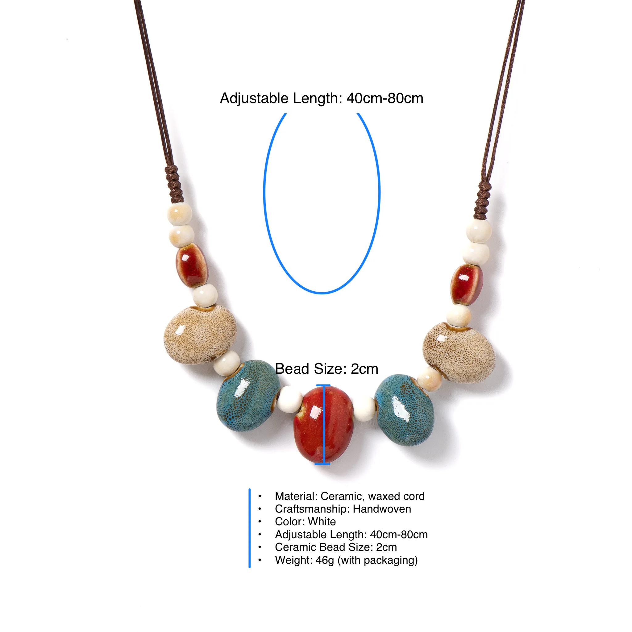 Colorful Ceramic Bead Necklace Handmade Adjustable Boho Pendant Artistic Jewelry 1146