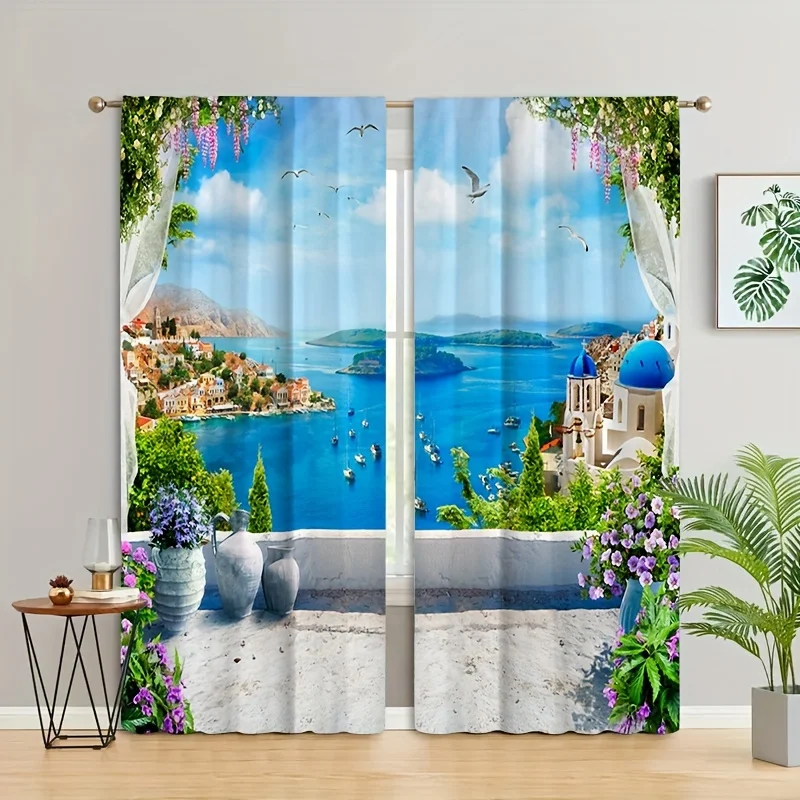 2 Panels Seaside Tropical Scenery Curtains Rod Pocket Curtain Suitable For Villa Resorts Farmhouse Living Room Bedroom Offices