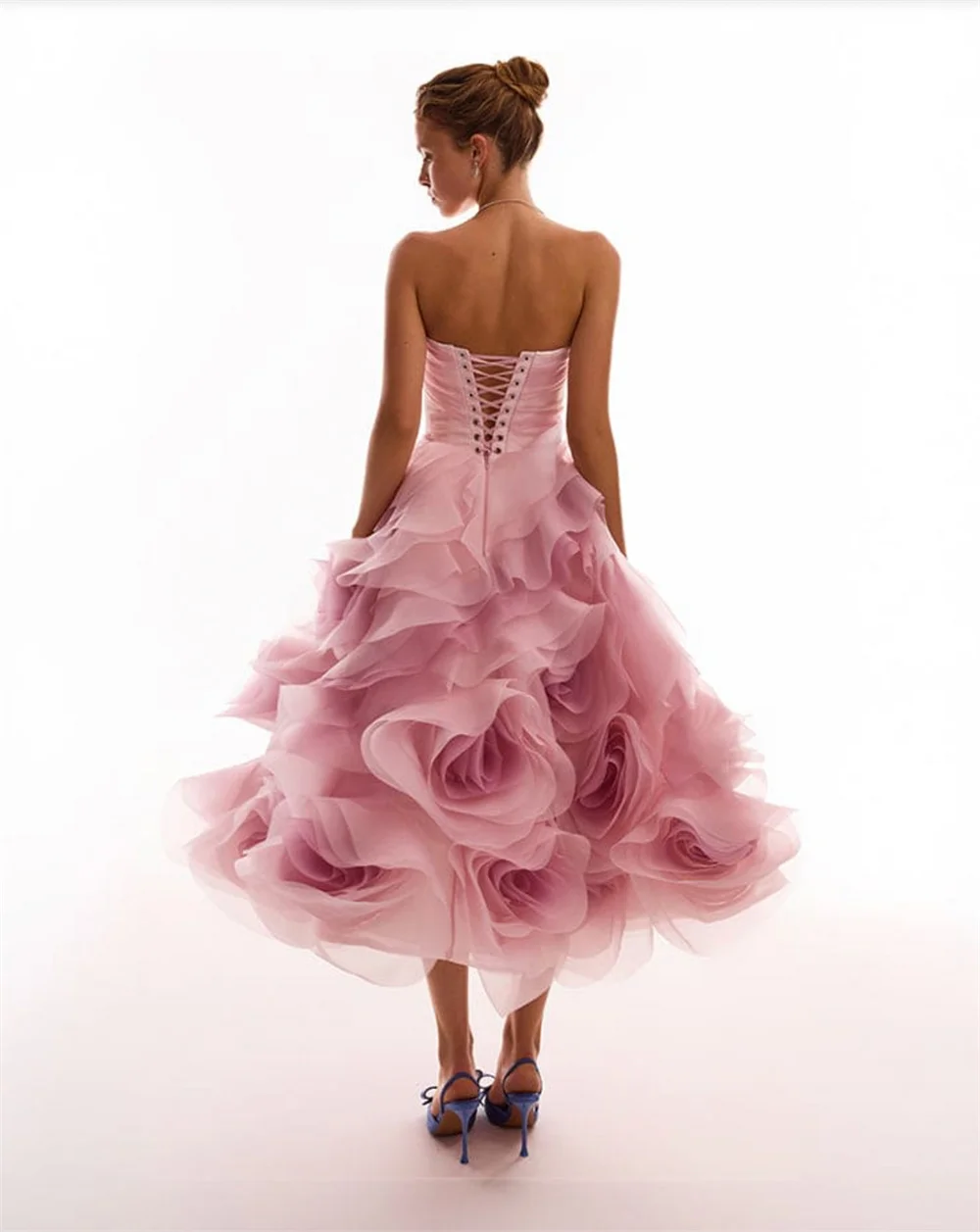Contessa Custom Pink Strapless Evening Dress Sweetheart Ruched Prom Dresses 3D Rose Vestidos De Noche Organza Formal Evening image 4