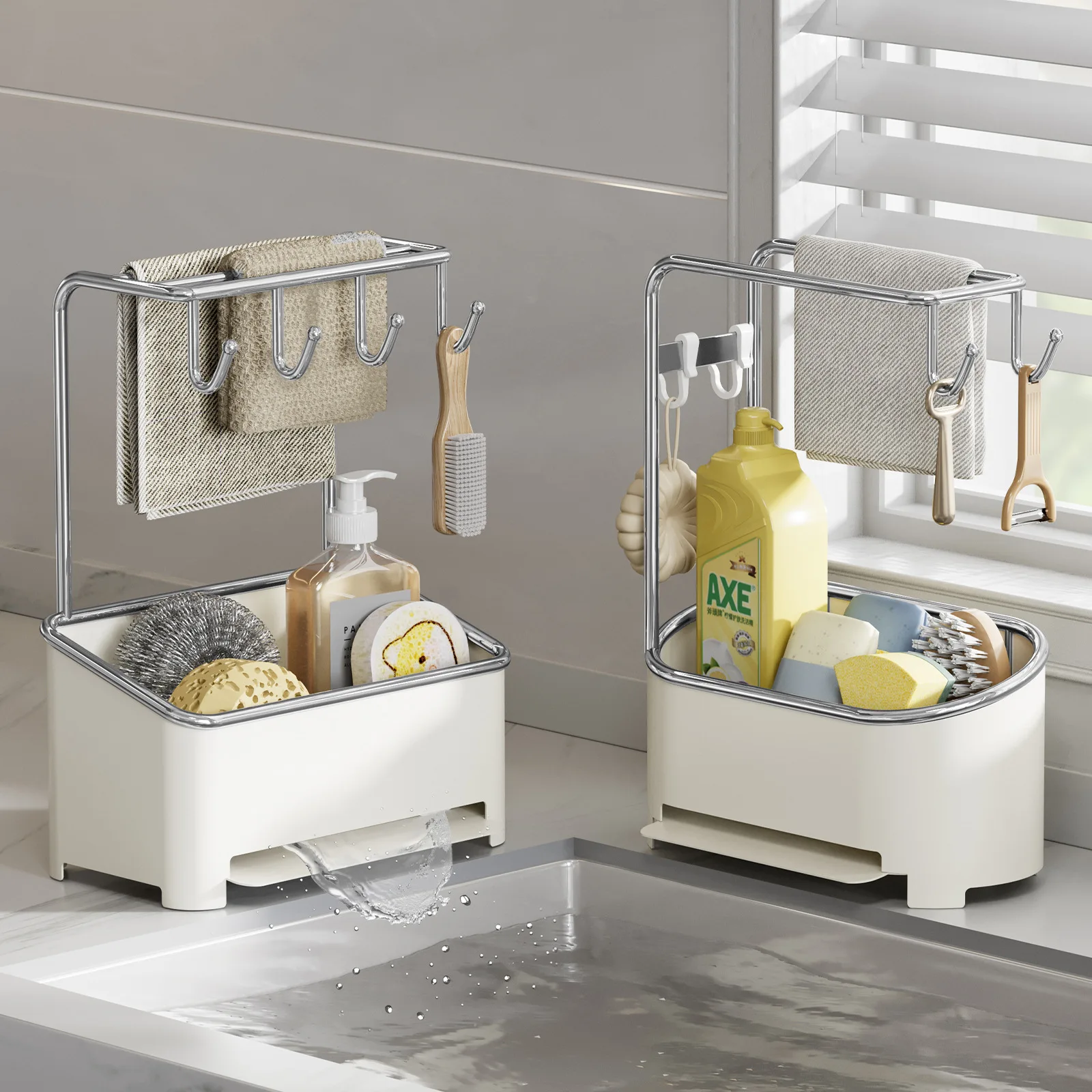 

Kitchen rack, drain rack, sink, finishing rack, towel, sink, countertop faucet, rag, storage rack.