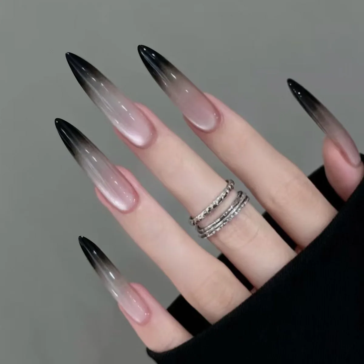 24pcs Wearable Blue Black Gradient Fake Nails Ballet Cat\'s Eye Phototherapy French False Nails Y2k Press On Nails Long Coffin